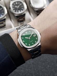 1pc Men's Fashion Minimalist Square Dial Calendar Stainless Steel Quartz Wrist Watch, Business Style (Watch Box Not Included) - Silver - View 2