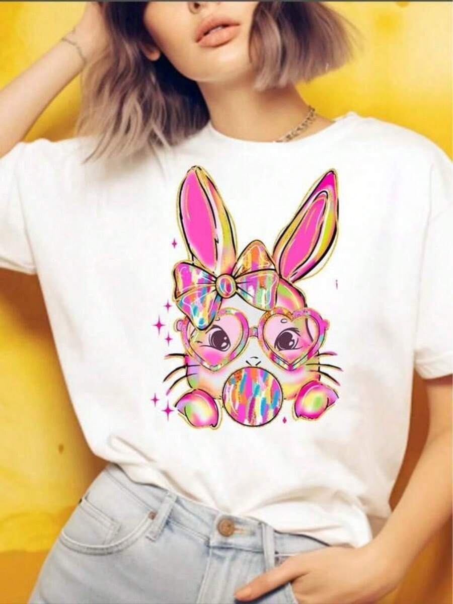 Summer Tops Rabbit With Twinkling Eyes And Heart-Shaped Glasses Women's T-Shirt - White Cotton T-Shirt, Perfect For Easter Celebrations Loose And Comfortable Tops For Women White Shirt - White - View 1
