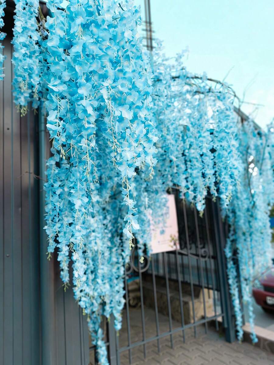 MEHELANY 45朵人造蓝色紫藤花，紫藤藤蔓，绣球花环，装饰假花，花圈，悬挂藤蔓，适用于卧室、婚礼、家庭聚会、墙面装饰、天花板装饰、桌面摆件 - 淺藍 - 查看 1