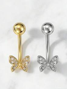 1pc Dual Butterfly Flutter Gold/Silver Navel Ring Belly Button Nail Body Jewelry - Butterfly - View 3