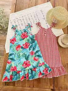Bộ đồ hè 2 món cho bé gái: Váy in họa tiết hoa nhiệt đới + Váy cổ yếm kẻ caro đỏ trắng với dây đeo vai thắt nơ và viền bèo nhún, chất liệu vải mềm mại thoáng khí, trang phục ngoài trời ngọt ngào và tươi mát. - Nhiều màu - Xem 2