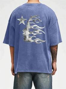Men's Printed Pattern Washed T-Shirt - Casual Loose Summer T-Shirt With Star And Flame Design, Adult Brown 100% Pure Cotton Round Neck Shirt, Breathable T-Shirt |   Avant-Garde Casual Wear |   100% Pure Cotton Printed T-Shirt - 藍色 - 查看 3