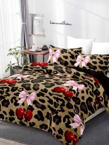 3pcs Leopard Print Cherry Blossom Duvet Cover Set (1 Duvet Cover + 2 Pillowcases, Without Comforter And Pillows), Bow Print Bedding Set, Soft & Skin-Friendly - Multicolor - View 8