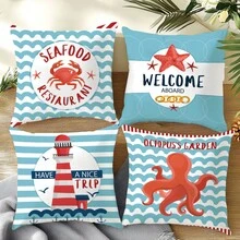 4件套夏季海洋航海灯塔螃蟹章鱼卡通图案抱枕套，单面柔软桃皮绒材质，45*45厘米枕套，适合房间装饰、室内沙发客厅装饰、派对装饰，装饰抱枕套礼品 - 彩色 - 查看 10