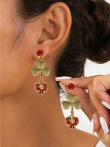 1 par de brincos de trevo dourado e brincos de esmeralda em formato de coração verde, joias elegantes para o Dia de São Patrício. - brinco - Ver 6
