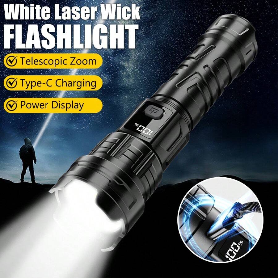 1pc High Brightness Focusable Flashlight, Type-C Fast Charging, Digital Power Display Long Range Lighting