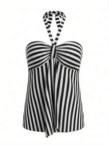 条纹无肩带露背吊带背心，百搭修身无袖短款上衣，夏季必备 - 條紋 - 查看 8