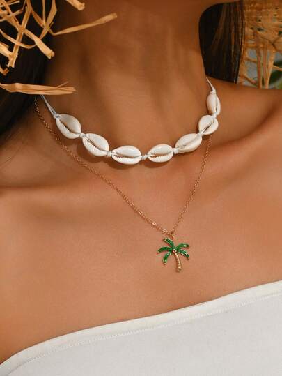 2 件套岛屿风情手工编织贝壳锁骨项链，高端浪漫设计椰子树吊坠项链，海滩度假风时尚首饰，适合日常休闲佩戴、约会和海边旅行，可作为情侣首饰。