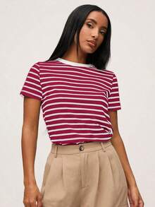 SHEINBASICSS Camiseta con Estampado de Rayas/Verano - Burdeos - View 4