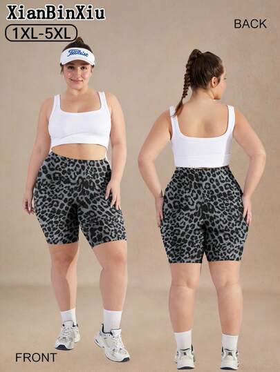 XianBinXiu 1件装女士加大码豹纹高腰口袋瑜伽紧身裤，高弹提臀塑形运动服，适合健身、跑步、休闲/运动穿着，夏季款