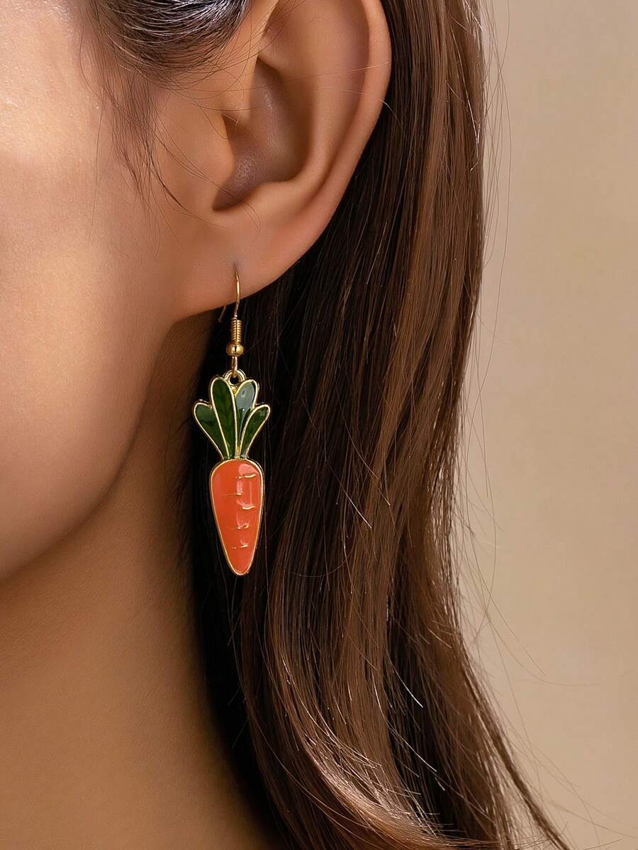 2件套珐琅合金吊坠耳环，卡通复活节彩蛋兔子胡萝卜设计，精致百搭，适合复活节节日佩戴 - 黃色 - 查看 1