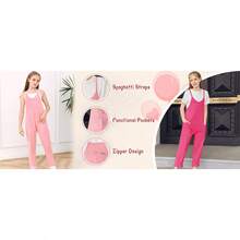 Girls Summer Casual Sleeveless Spaghetti Strap Loose Jumpsuit Romper Long Pants With Pockets - 白色 - 查看 8