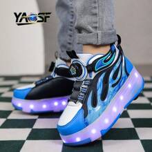 YAOSF品牌LED发光轮滑鞋，高级LED直排轮滑鞋，升级版，适合儿童和青少年，发光鞋带，可伸缩轮子，滑板鞋，时尚发光，休闲鞋，户外运动，轮滑鞋 - 藍色 - 查看 2