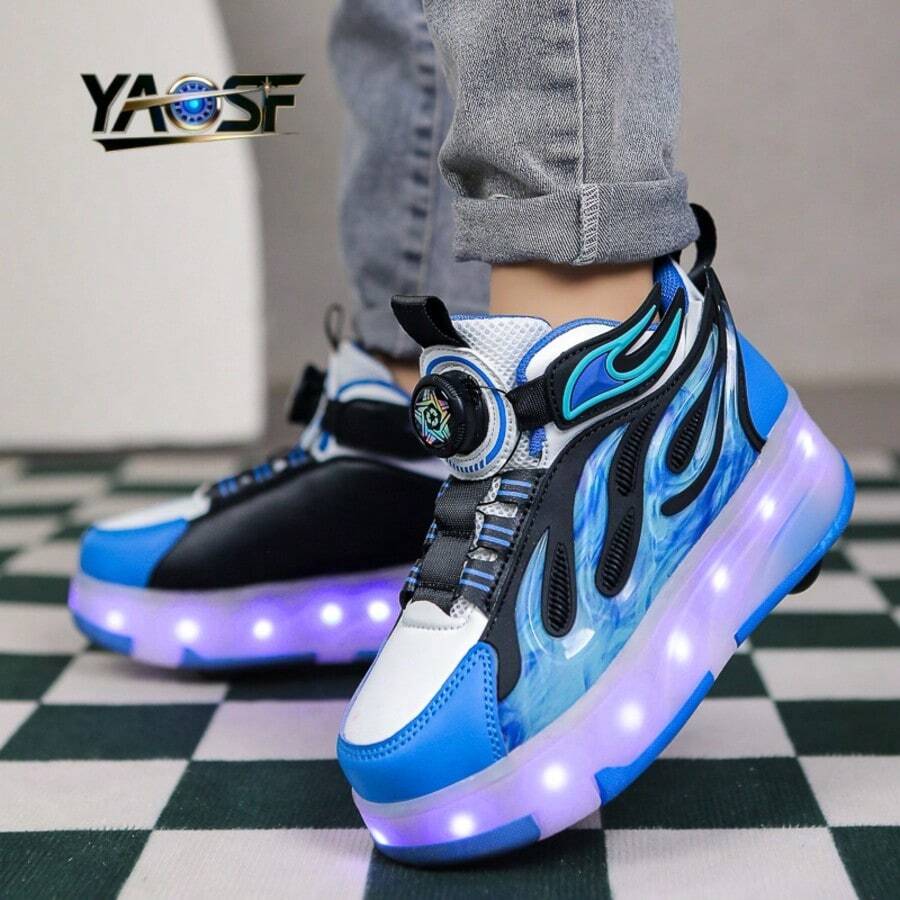 YAOSF品牌LED发光轮滑鞋，高级LED直排轮滑鞋，升级版，适合儿童和青少年，发光鞋带，可伸缩轮子，滑板鞋，时尚发光，休闲鞋，户外运动，轮滑鞋