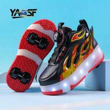 YAOSF品牌LED发光轮滑鞋，高级LED轮滑鞋，升级版，适合儿童和青少年，发光鞋带，可伸缩轮子，滑板鞋，时尚灯光，休闲步行鞋 - 紅色 - 查看 14
