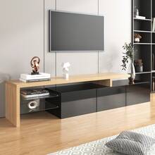 Modern TV Stand Design: Stylish Elegance, Practical Storage Space, Glossy Black, Wood Look, Glass Shelves, LED Lighting. - Natural Color + Black - View 2
