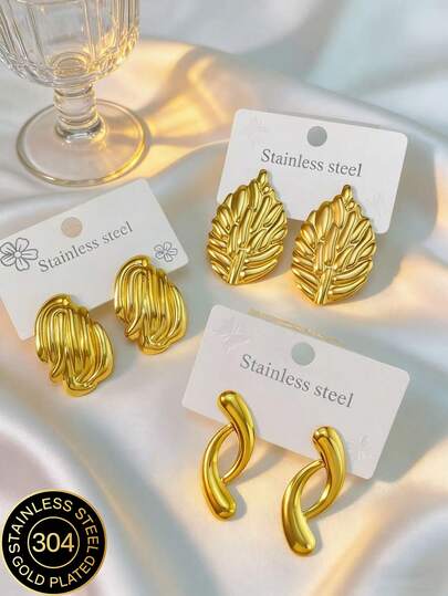 Gold Droplet-Shaped, Leaf-Shaped, Irregular Geometric-Shaped Stainless Steel Earrings, Stainless Steel Jewelry, Women's Earrings, Pituitary-Shaped Earrings, Gold-Plated Hinge Round Earrings, Bamboo, Texture, Diamond Cutting, Hexagon, Square, Circle, Butterfly Shape, Design, Sturdy And Low-Allergy Earrings, Suitable For Sensitive Ears, Feminine Accessory, Middle Eastern Fashion Jewelry, Ramadan Decorative Jewelry And Accessories, Party And Festival Gifts