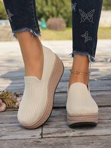 Zapatos de plataforma sin cordones para mujer, zapatos de cuña alta de unicolor, zapatos de sacudida, zapatos elevadores de suela gruesa y cómodos - zapatos casuales versátiles para todas las estaciones, uso diario de moda (disponibles en varios colores) - Albaricoque - Ver 10