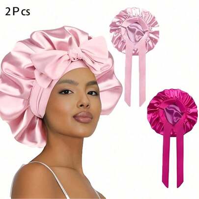 4 Packs Women's Bonnets - Solid-Colored Silky Satin Caps With Printed Elastic Tie Closure Design For Comfortable Sleep And Daily Use, Casual Style Hair Protection Headwear
