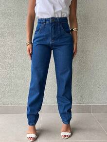 Saina Office 8207 Plus Size Women's Straight Mom Jeans Without Rips - Dark Wash - View 2