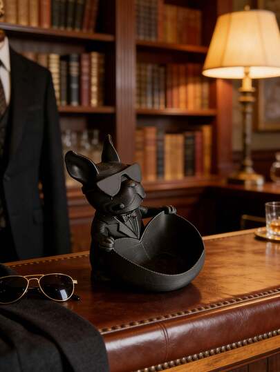 Stylish French Bulldog Figurine With Storage Bowl, Resin Made Decorative Tray For Storing Keys, Jewelry And Small Items, Elegant Black French Bulldog Design, Suitable For Entryway, Desk, Nightstand And Other Home Decor