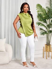 BIUBIU Top pour femmes grande taille vert olive en satin avec col drapé, sans manches, dos nu, décoration de boutons, ourlet asymétrique, élégant pour le travail, les fêtes et les rendez-vous d'été - Vert - Voir 1