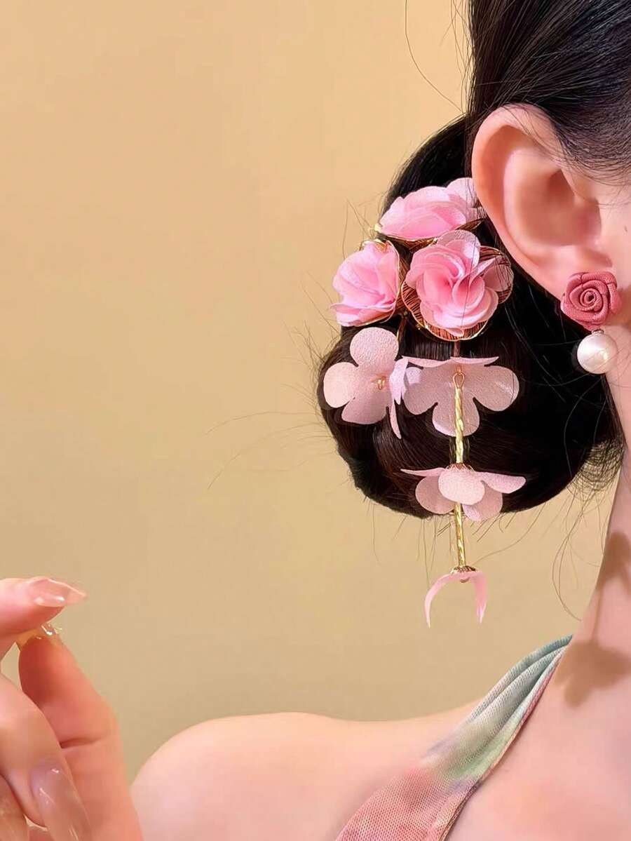 1 pièce Pince à cheveux élégante et douce avec fleur à gland rose, nouvel accessoire de cheveux style chinois, décoration de cheveux rétro, pinces à cheveux, été, vacances, voyage - Multicolore - Voir 1