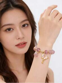 1pc Princess Style Elegant Rose Blue & Pink Alloy Enamel Bracelet With Butterfly Pendant, Suitable For Women's Daily Wear - Baby Blue - View 3