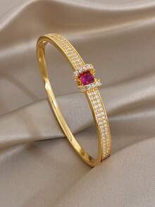 1Pc/Set 18K Gold Plated Elegant Copper Exquisite Paved Zirconia Rose Ruby Bangle Bracelet,Party,Daily,Christmas,Birthday Gift/Gala/Wedding/Halloween - Multicolor - View 9