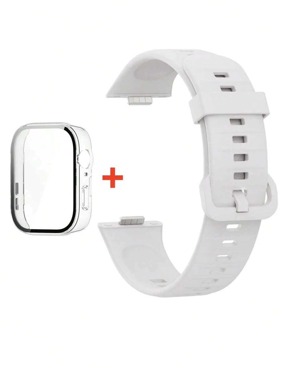 2件套白色柔软硅胶表带及全覆盖透明屏幕保护膜，兼容华为Watch Fit 3/Fit 4/Fit 4 Pro，透气运动表带替换腕带，带防刮边框保护套，可调节防汗手表配件，男女通用 - 白色 - 查看 1