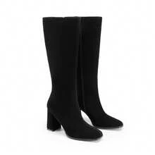 Women's Square Toe Gogo Boots Chunky Heel Classic Solid Color Knee High Boots With Side Zip Fashionable Tall Boots - 黑色絨面革 - 查看 1