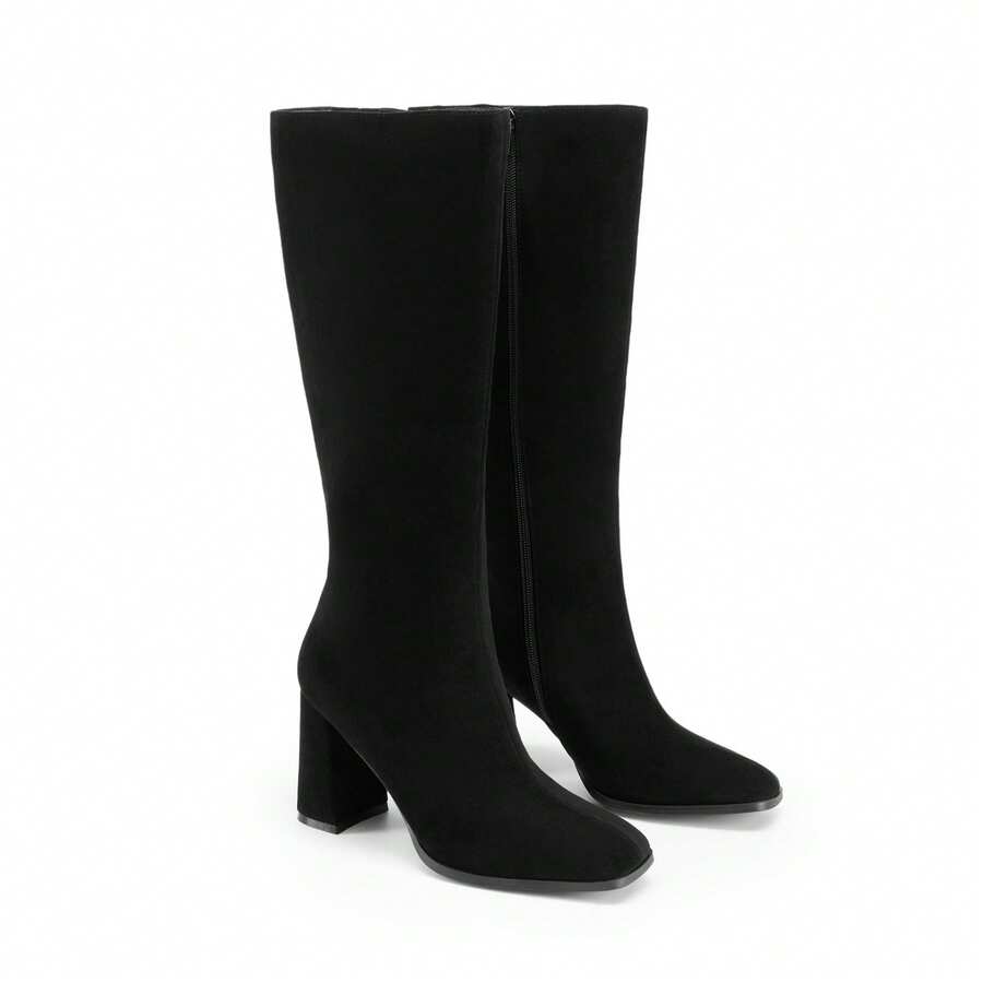 Women's Square Toe Gogo Boots Chunky Heel Classic Solid Color Knee High Boots With Side Zip Fashionable Tall Boots - 黑色絨面革 - 查看 1