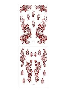 2 Tờ Hình Xăm Henna Tạm Thời Màu Đỏ Son, Hình Xăm Henna Chống Nước Lâu Lưu, Họa Tiết Hoa Hồng Dây Leo & Hoa Lá, Dành Cho Phụ Nữ Và Bé Gái, Hình Xăm Giả, Nghệ Thuật Henna Trên Cơ Thể, Hình Xăm Henna - màu đen - Xem 8