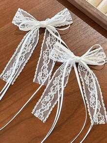 1/2个韩式蝴蝶结发夹，超仙女蕾丝珍珠流苏，丝带公主头饰，高端芭蕾舞风格发夹 - 白色 - 查看 7