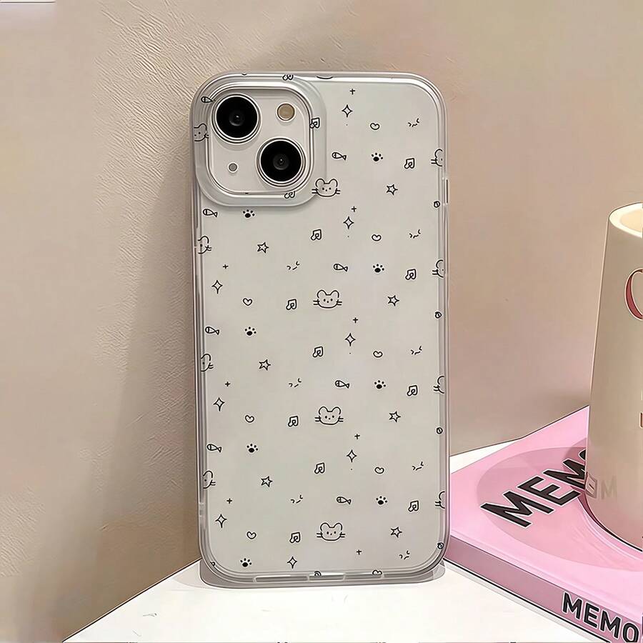 1pc Transparent Matte Cartoon Cat Punctuation Pattern Phone Case, Suitable For IPhone 16 Pro Max, 17/16/15/14 Plus, 13/12/11 Protective Cover - Multicolor - View 1