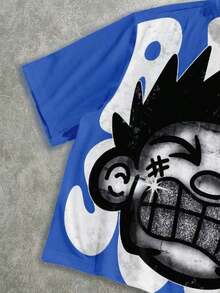 Manfinity Roghcode Men's Oversized Distressed Funny Diamond Teeth Tattoo Big Face Allover Print Cropped Loose T-Shirt (High Quality) - Royal Blue - View 6