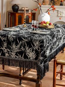 1 pezzo Tovaglia in jacquard di chenille nera con nappe, tovaglia decorativa con motivo a foglie minimalista ed elegante, adatta per festival, feste, banchetti di compleanno, uso quotidiano, decorazione di cucina e sala da pranzo, per tutte le stagioni - nero - Visualizzare 7