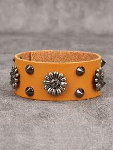 1件极简合金花朵铆钉皮革手链，朋克风格男女通用可调节手镯 - 黑色 - 查看 16