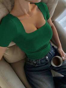 休闲简约优雅日常穿搭方领短袖上衣，春夏服装，优雅女士衬衫 - 綠色 - 查看 5