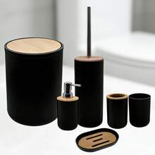 Bộ đồ dùng vệ sinh phòng tắm 6 món, vỏ nhựa mạ điện, bộ phụ kiện phòng tắm, đồ dùng nhà tắm, bao gồm: bình đựng xà phòng, giá đựng bàn chải đánh răng, cốc đánh răng, hộp đựng xà phòng, cọ toilet và thùng rác. Bộ đồ dùng vệ sinh để bàn trong phòng tắm, đồ dùng thiết yếu cho phòng tắm, đồ trang trí phòng tắm, có thể dùng làm quà tân gia, quà nghỉ lễ, quà Valentine, quà sinh nhật. - Bộ sản phẩm phòng tắm nắp tre - Xem 2
