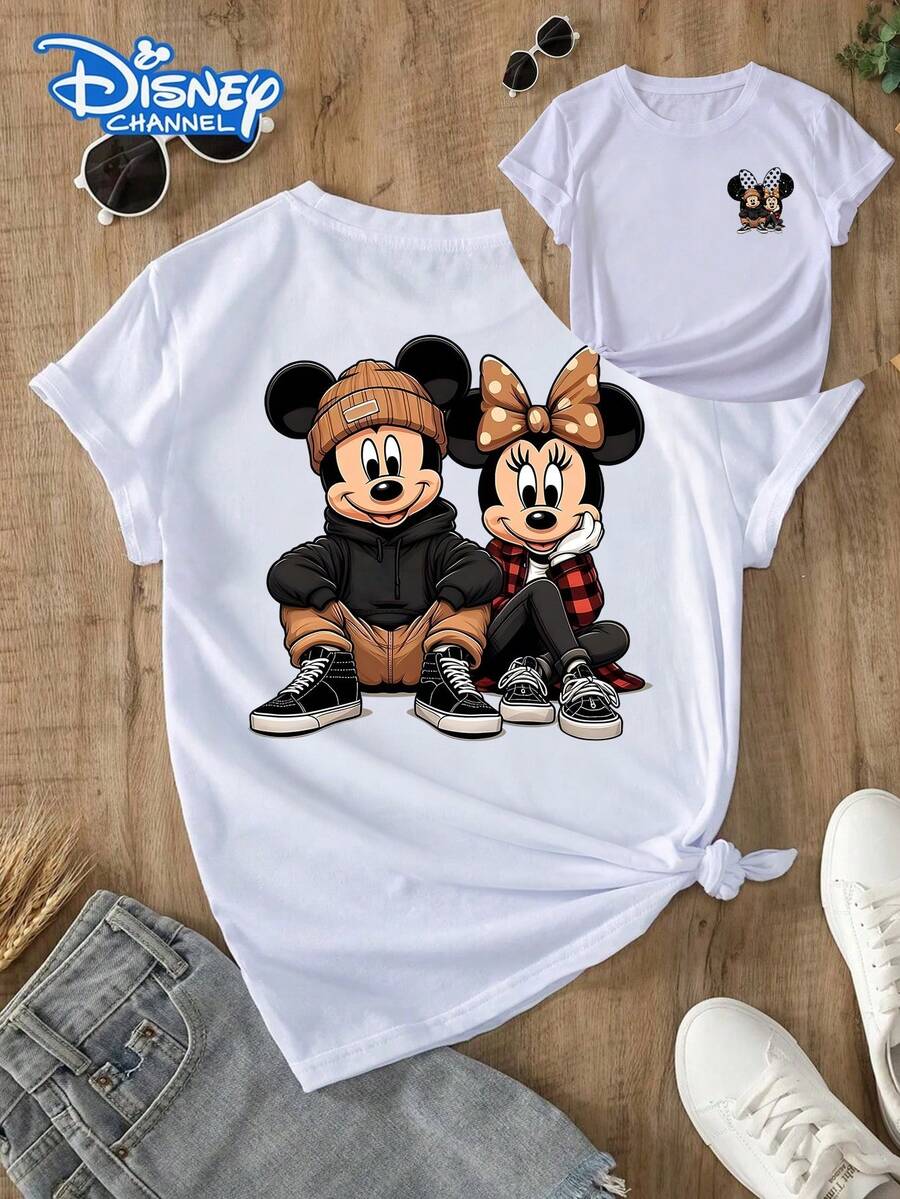 Disney Official Authorization, Women's Casual Mickey & Minnie Mouse Graphic Print Black Cotton T-Shirt, Short Sleeve Round Neck Regular Fit Tee Top, Breathable And Light, Suitable For Sports And Leisure Wear, Suitable For Gifts, Suitable For Parties. - 白色 - 查看 1