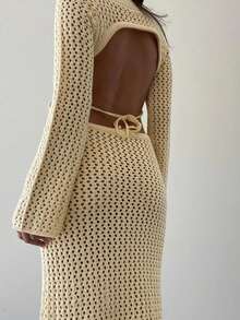 Vestido Longo de Suéter Boho Feminino de Crochê e Tricô Vazado, Manga Longa com Costas Abertas e Amarração Traseira, Vestido Bodycon Tipo Cobertura para Praia, Vestido Vazado para Férias na Primavera, Verão e Outono, Roupa para Festa na Praia - Bege - Visão 3