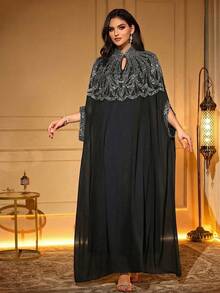 Elegant Woven Fabric Robe With Beaded Keyhole Neckline And Batwing Half Sleeves, Long Design With Exquisite Lapel Decoration Spring Black - Black - View 6