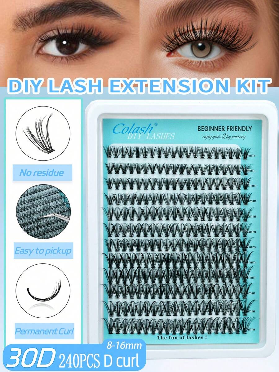 240pcs/Set 30D Curl Individual Lashes, 0.07D Curl (0.31-0.63 Inch) Natural Looking Fluffy & Soft Reusable Segmented False Eyelashes, Suitable For Daily Makeup, Wedding, Party, Holiday, Mother's Day, Easy DIY For Beginners - D - View 1