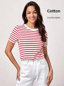 SHEINBASICSS Striped Print T-Shirt/Summer - Army Green - View 10