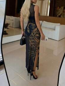 Women's Elegant Leopard Print Maxi Dress - Black Sheer Mesh Mock Neck Sleeveless High Slit Bodycon Long Dress, Summer, Night Out - Multicolor - View 5