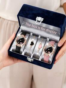 一套四件套奢华腕表珠宝套装，心形设计，搭配女士真皮表带。适合度假和日常佩戴，是馈赠佳品。 - 彩色 - 查看 3