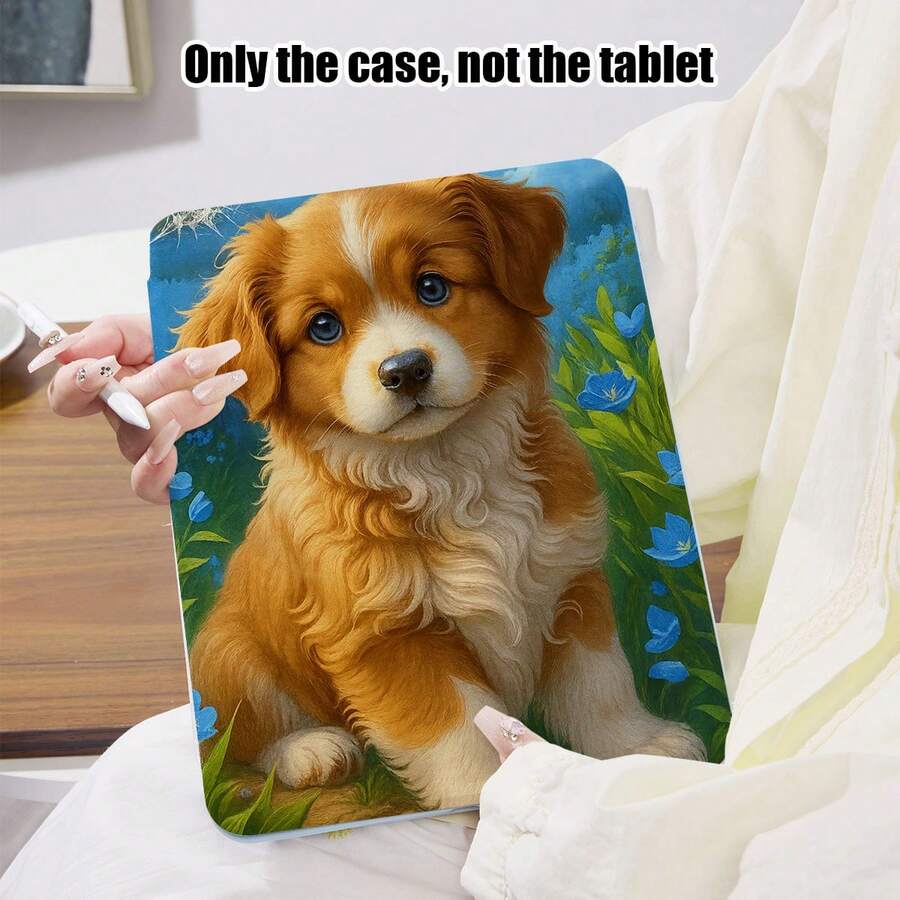 1pc PU Leather Case With Stand, Pen Slot, Brown & White Puppy, Blue Flowers & Green Plants Pattern, 720 Degree Rotating Stand, Auto Sleep/Wake Function, Compatible With Honor Pad, Matepad, , , , Apple - Multicolor - View 1