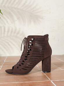 女士棕色绒面革踝靴，新款春夏时尚百搭后拉链系带镂空凉鞋，圆头高跟系带户外休闲假日派对舒适大码粗跟踝靴罗马凉鞋 - 棕色 - 查看 5