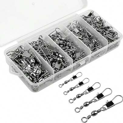 200PCS Fishing Rolling Ball Bearing Barrel Swivel With Safety Snap Connector Fishing Accessories #2#4#6#8#10